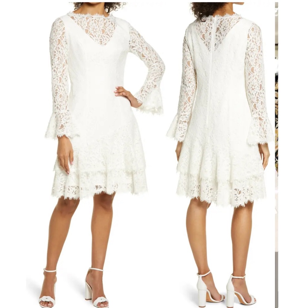 SHANI Long Sleeve Tiered Lace Dress In White Size 12 NWT